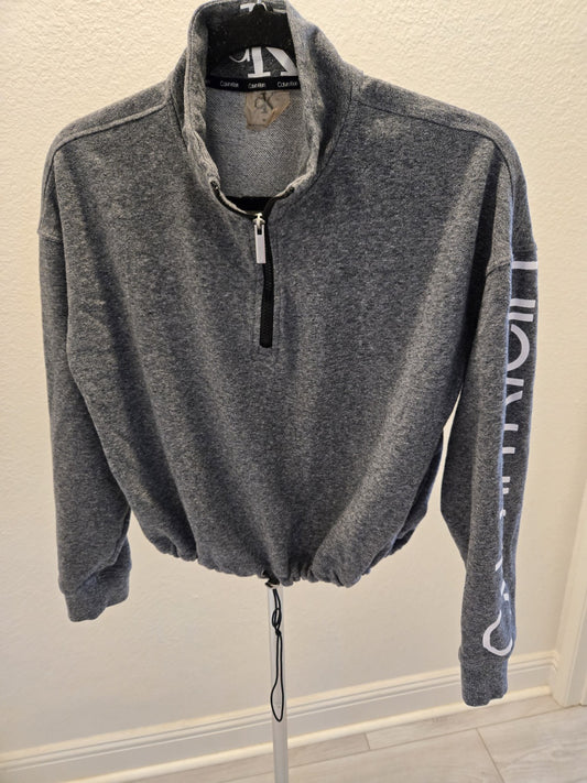 Calvin Klein M Gray Cropped Spellout Sleeve 1/4 Zip Sweatshirt Women Drawstring