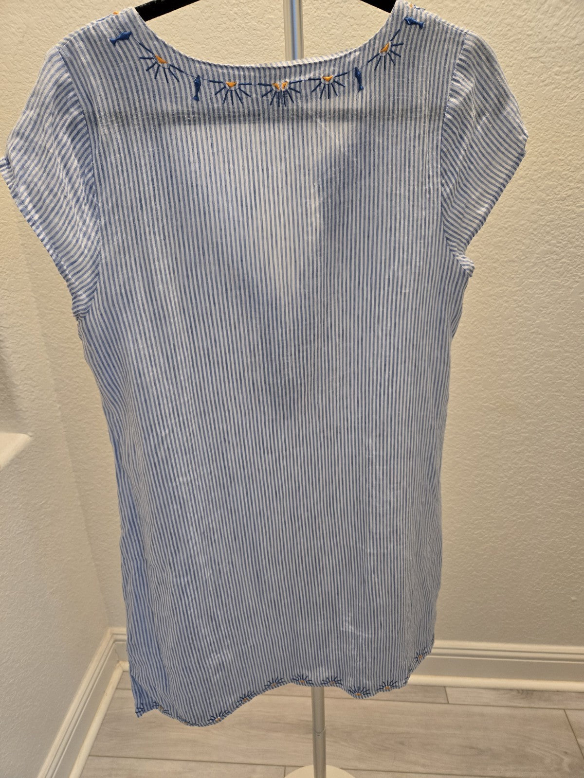 HIHO Tortola BVI Medium Striped Linen Embroidered Tunic Shift Rachel Dress