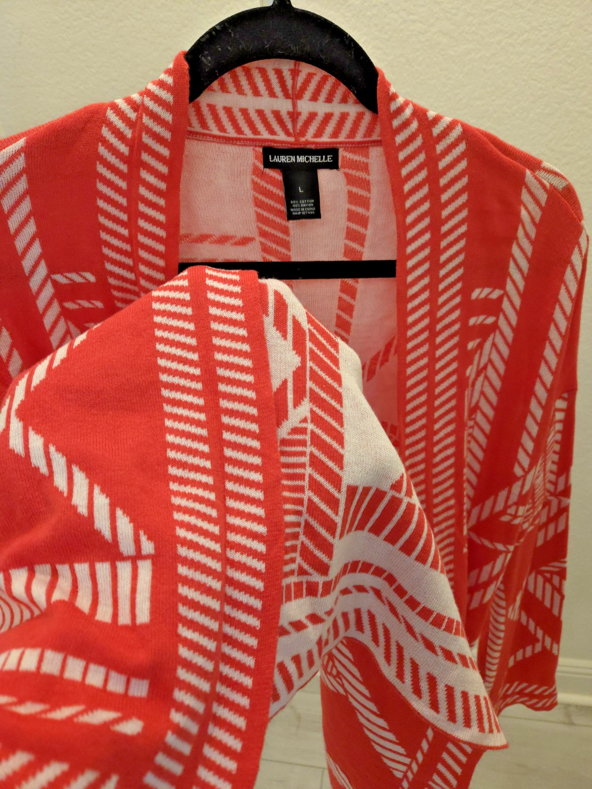 Lauren Michelle Y2K Geometric Open Front Cardigan Coral White Sweater Large
