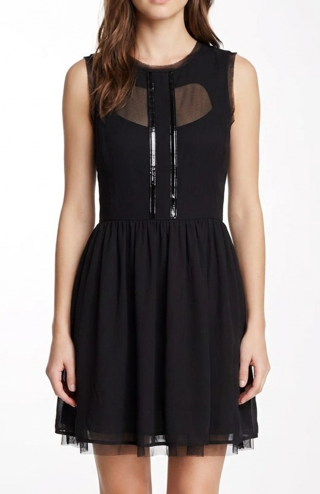 Jessica Simpson 8 Black Mesh Illusion Skater Mini Dress Zipper Fit Flare