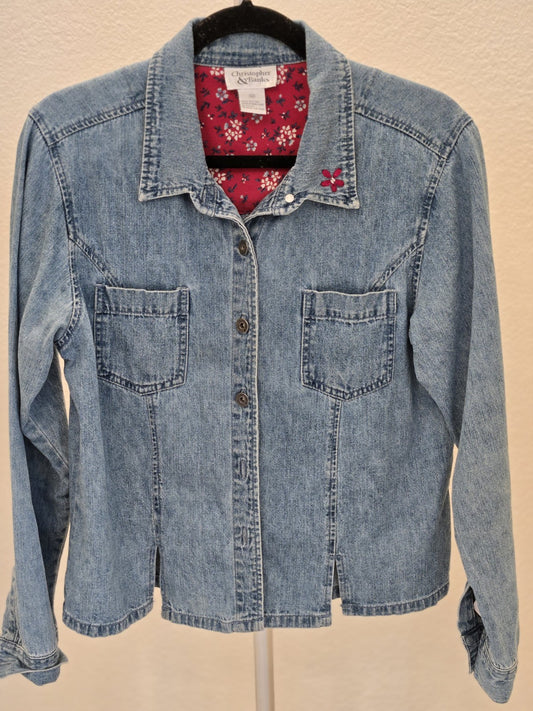 Christopher & Banks Denim Jean Jacket Embroidered Floral Women's Size M Blue Y2K