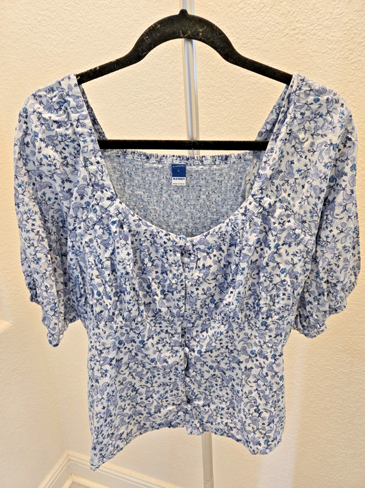 Old Navy Y2K Smock Milkmaid Vintage L Blue Paisley Puff Sleeve Cottagecore Top