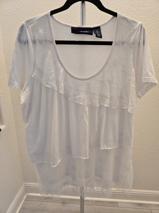 Denim 24/7 Medium White Embroidered Mesh Layered Tiered Ruffle Top Short Sleeve