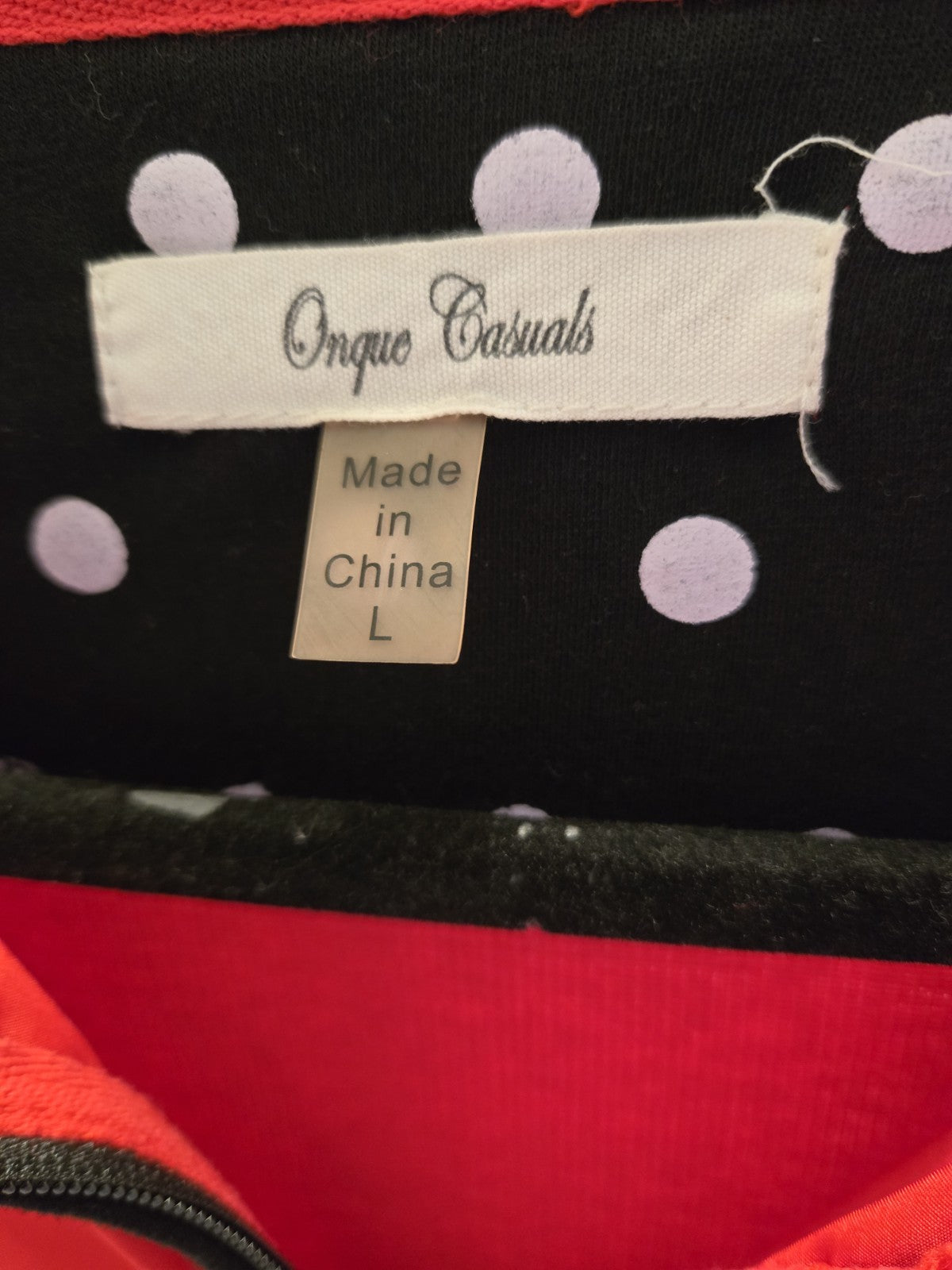 Onque Casuals L Red Zip Up Polka Dot Collar Ribbon Trim Ribbed Sleeve Jacket