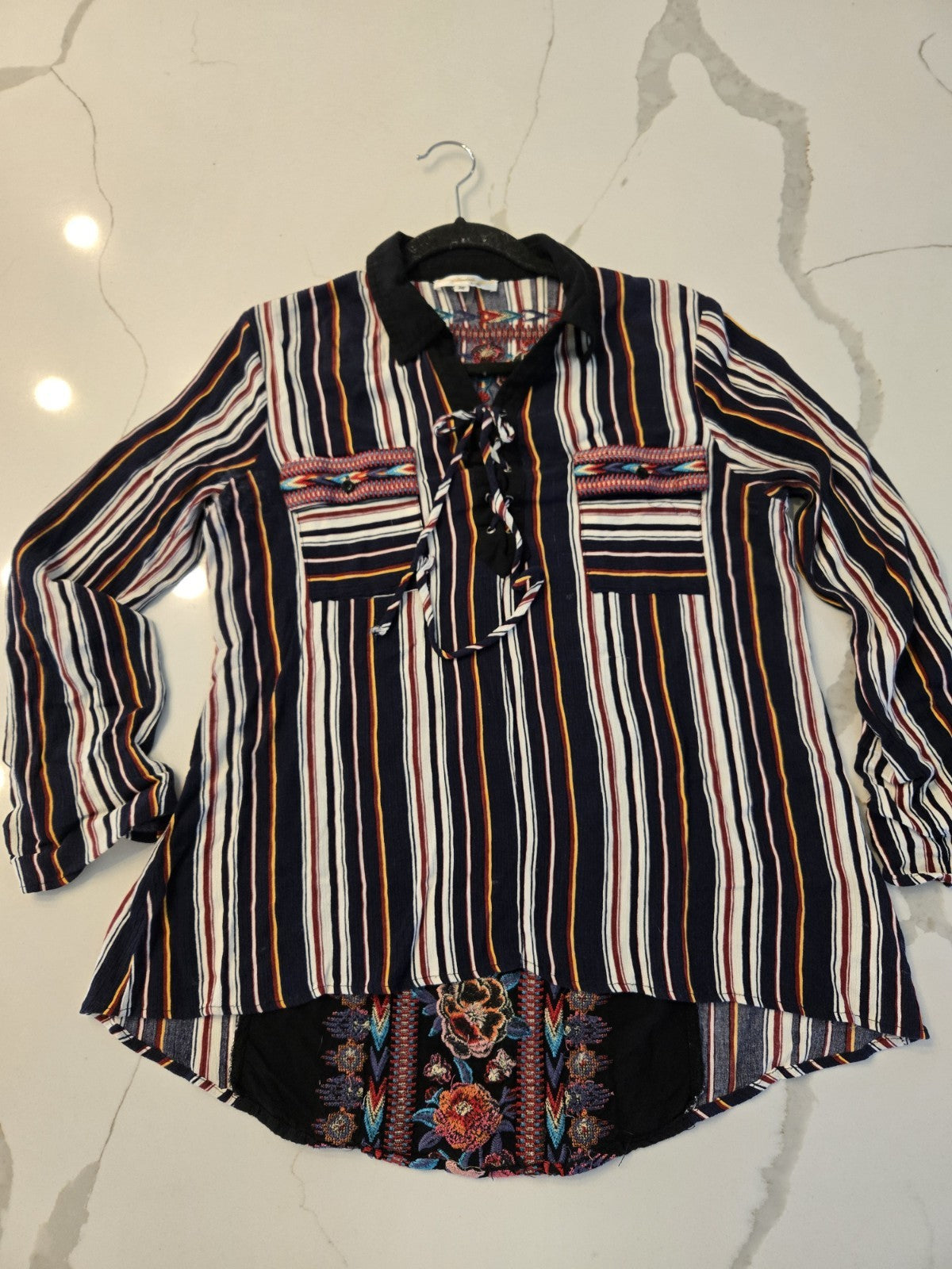 Andree by Unit Western Boho Embroidered Lace Up M Striped Blouse