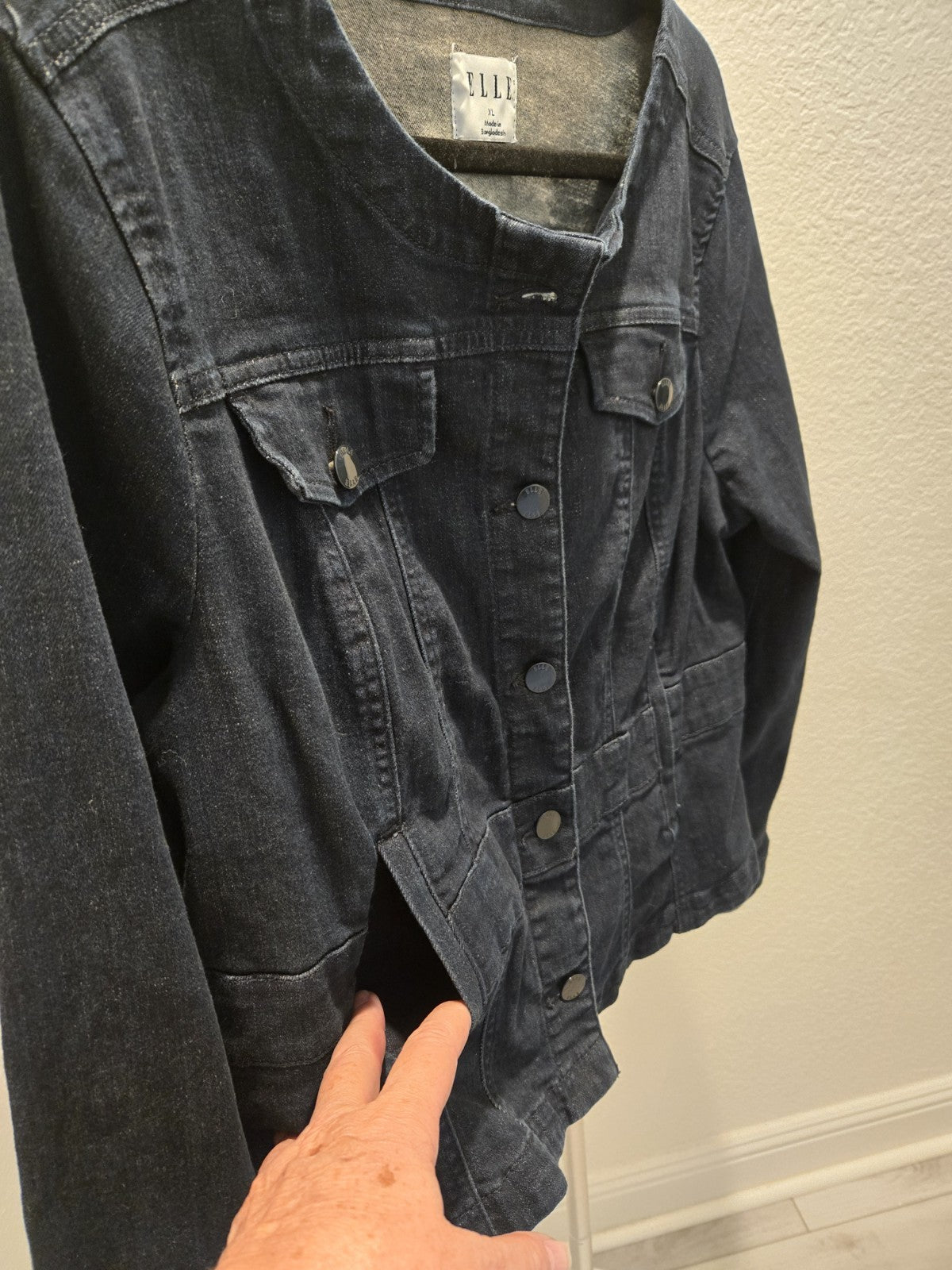 ELLE Dark Wash Denim Jacket XL Womens Collarless Cropped Jean Classic