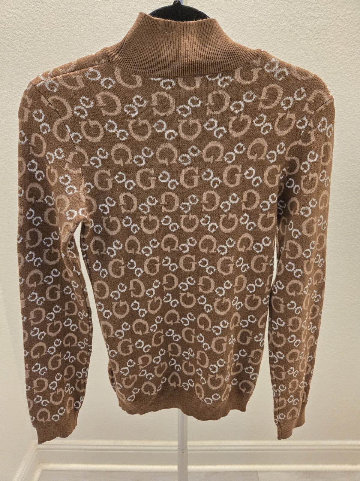 Guess XL Brown Monogram G Logo Mock Neck Long Sleeve Sweater Women Stretch Knit