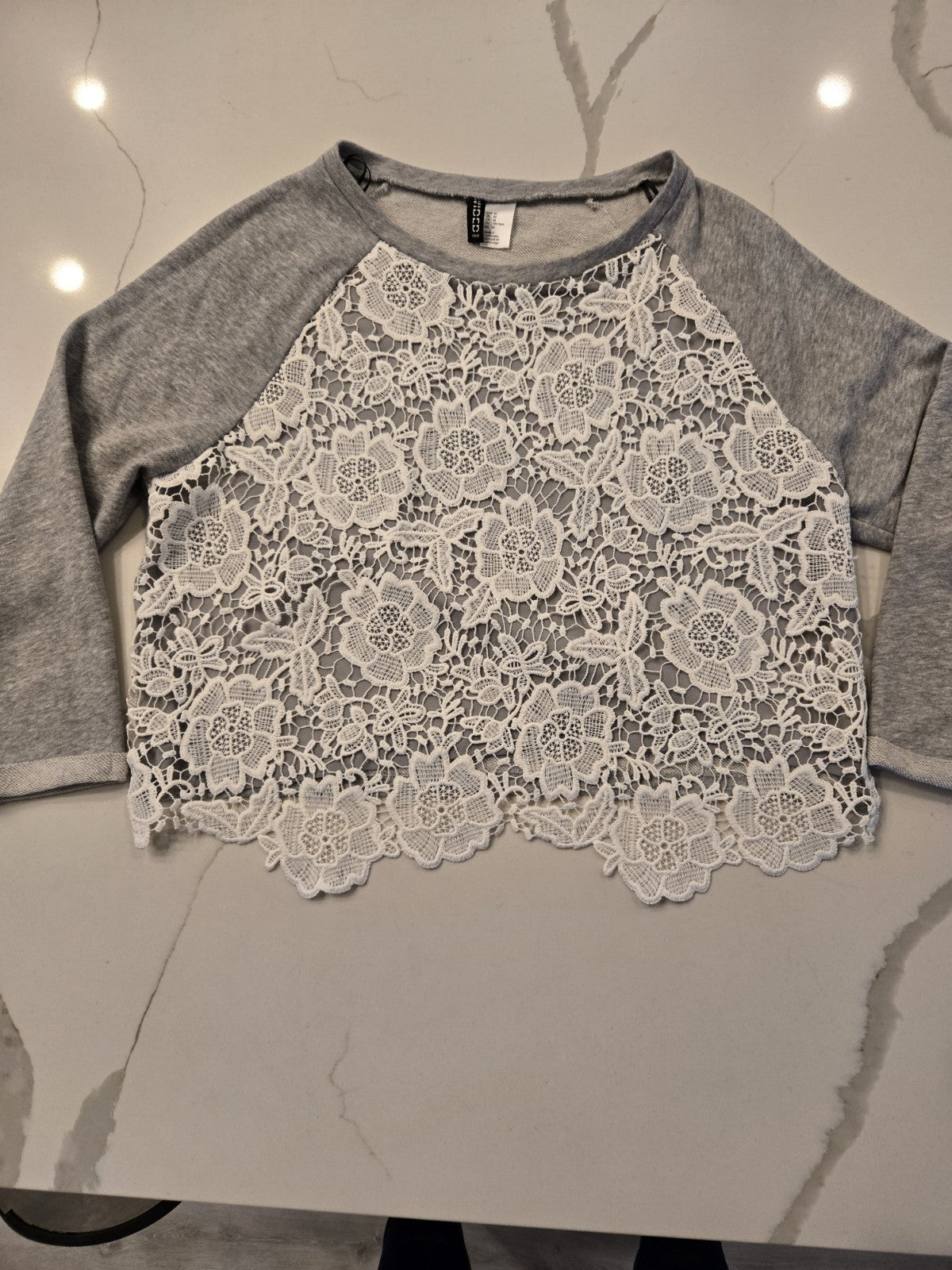 H&M Divided Grey Sweatshirt M White Floral Lace Overlay Raglan Pullover Crochet