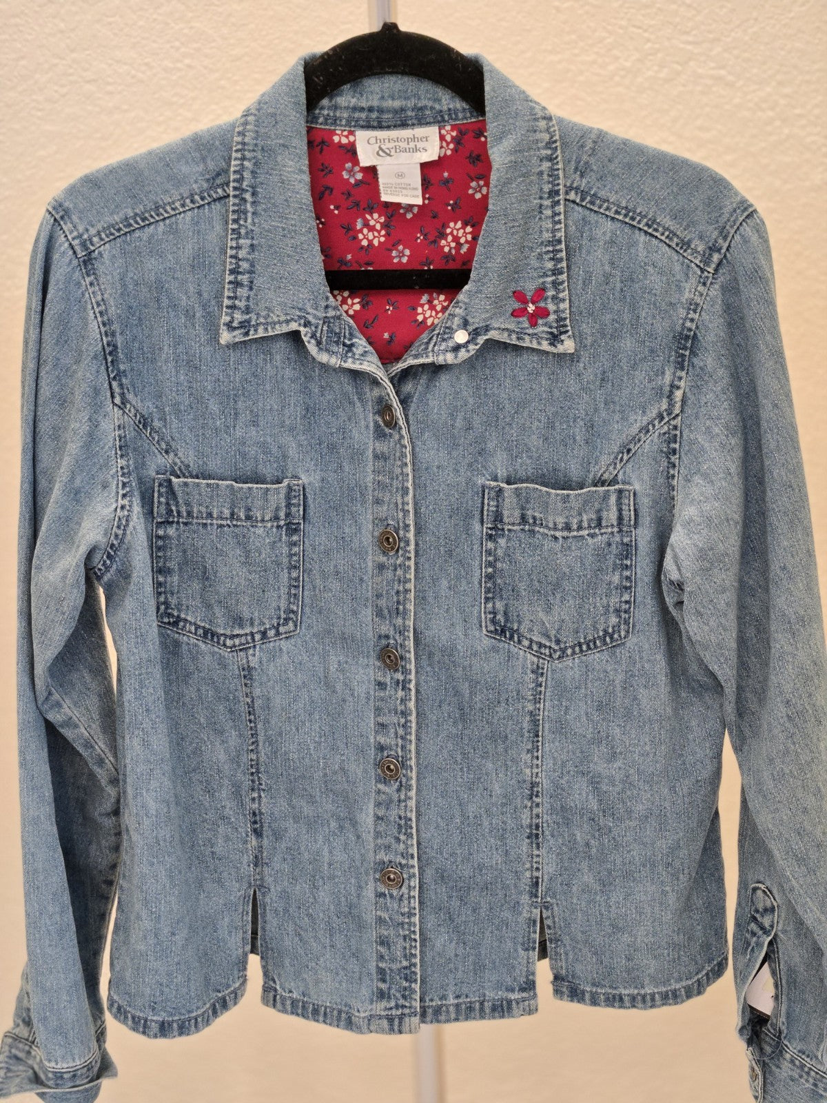 Christopher & Banks Denim Jean Jacket Embroidered Floral Women's Size M Blue Y2K
