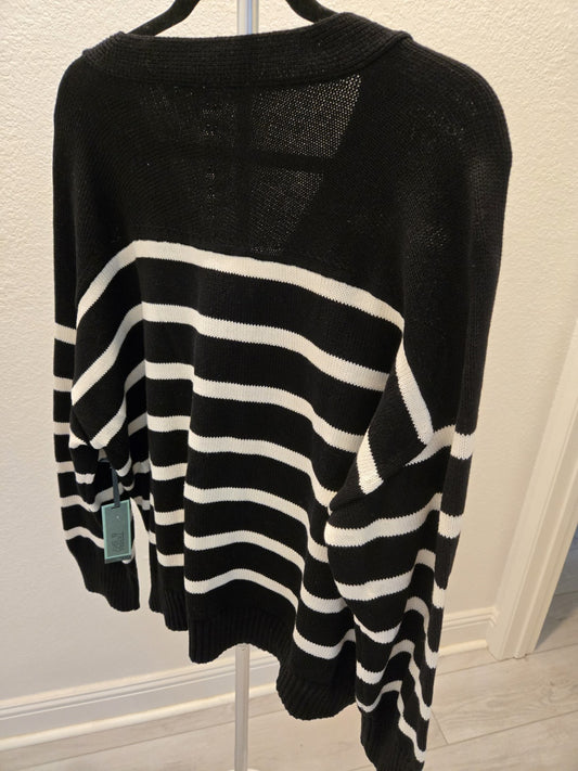 Terra & Sky NWT Stripe Black White Cardigan Sweater Women Plus 1X 16W-18WV-Neck