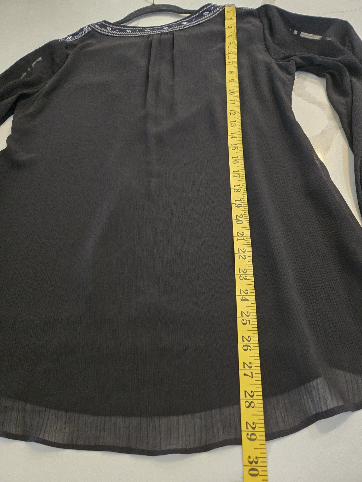 White House Black Market Embroidered New Black w/Tassel Tie Round Neck  Top Sm 8