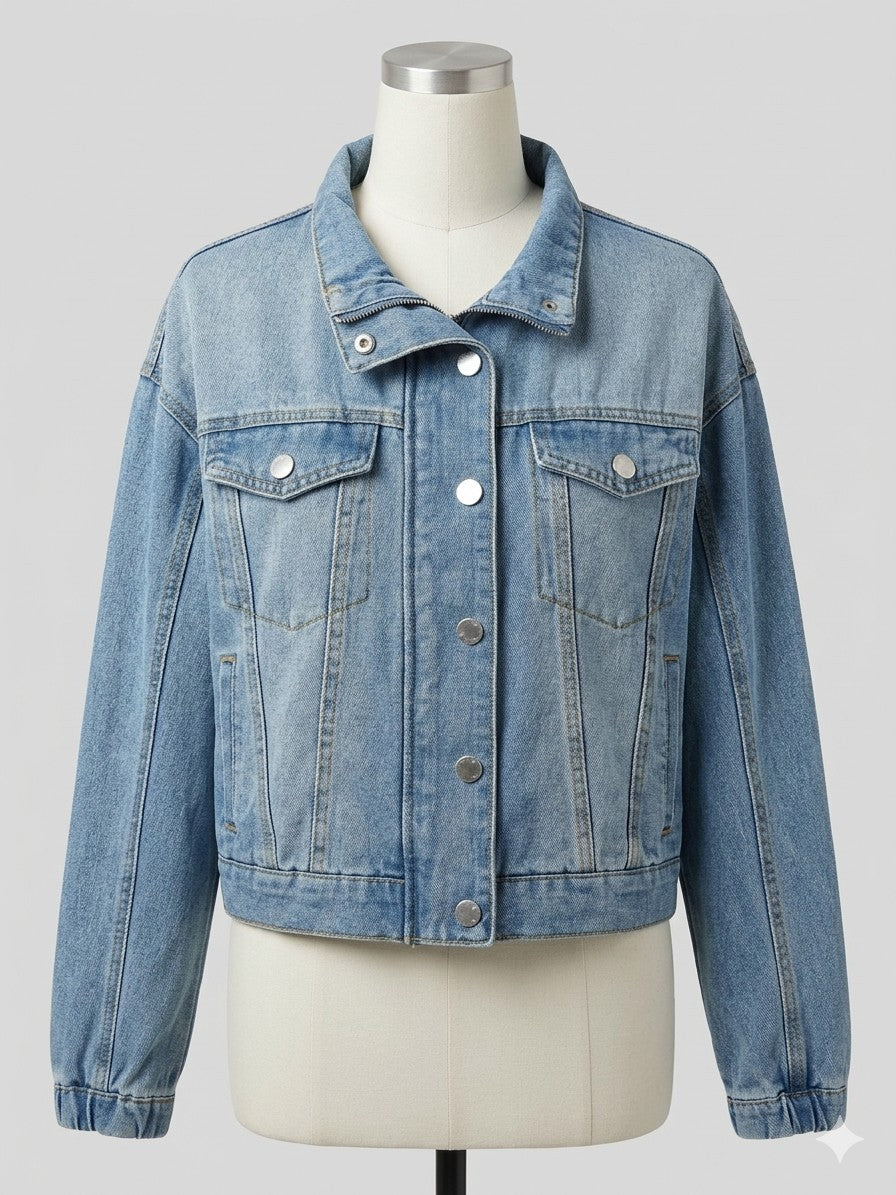 Ci Sono Denim Jacket L Womens Blue Cropped Asymmetric Zip Trucker