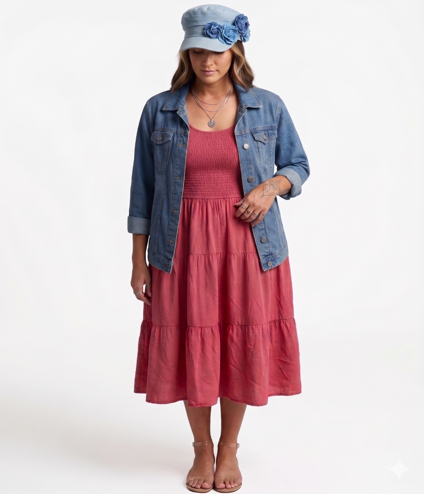 2 Piece Zesica Rose Dress with Turtle Bay Jean Jacket Outfit Y2K Set Size L