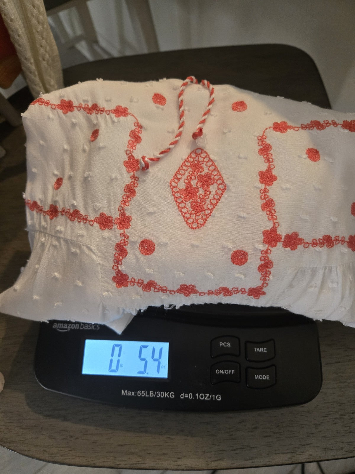 Solitaire Embroidered Large Coral & White Boho Swiss Dot Peasant Tie Neck Top