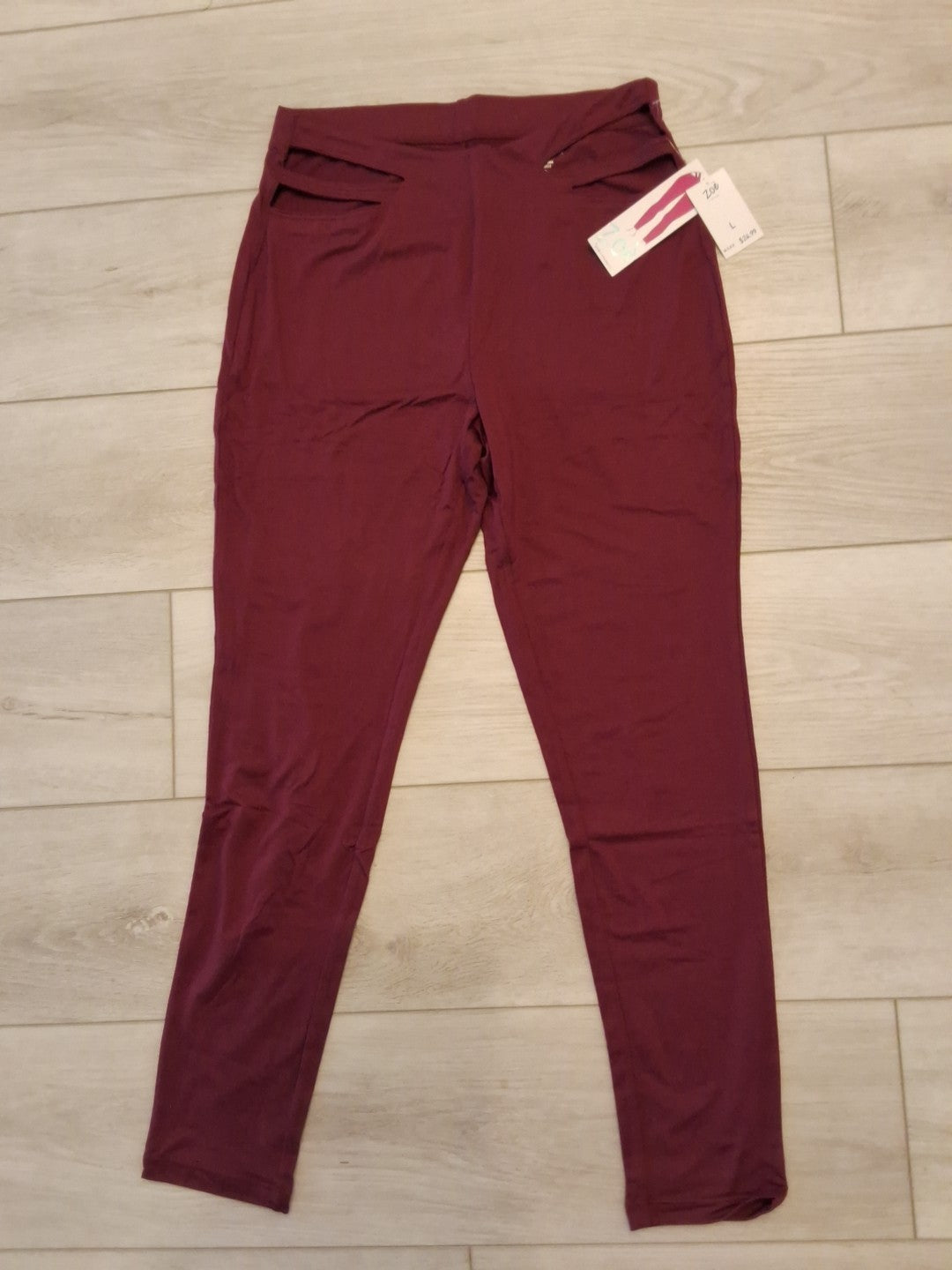 Zoe + Phoebe Burgundy L Ankle Open Front Design Below Waist Leggings $24.99 NWT