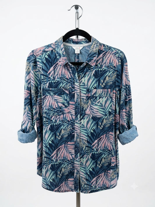 Intro S Blue Pink Tropical Palm Lyocell Denim Button Up Roll Tab Shirt Women
