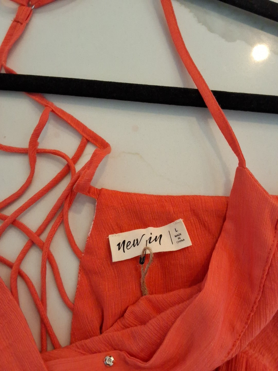 New In Wrinkly Fabric Style Orange Cotton Babydoll Strappy Size L Dress NEW