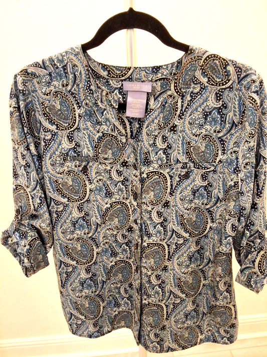Laura Scott Blue Paisley 3/4 Roll Tab Coastal Grandmother Silky Shirt L NWOT