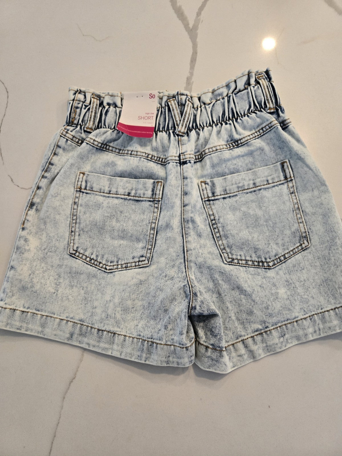 SO High Waisted Paperbag Size 5 Small Denim Shorts Acid Wash Blue Pocket $38