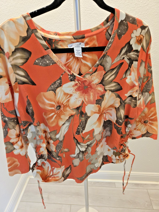 Caribbean Joe 1X Orange Tropical Floral Tunic Top Ruched Side Drawstring V-Neck