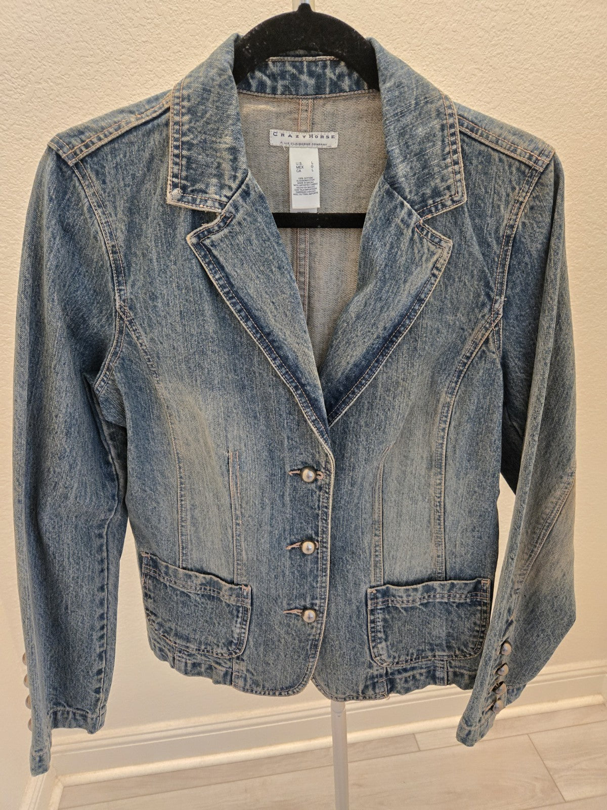 Crazy Horse Vintage Denim Blazer Liz Claiborne Blue Jean Jacket L Womens Y2K