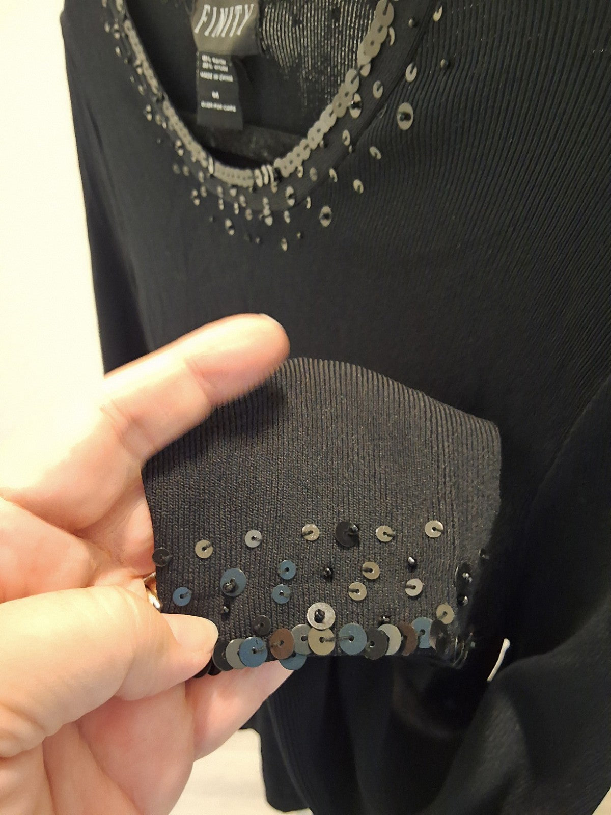 FINITY Size M Vintage Black 3/4 Sleeve Stretchy Top Sequin Neckline Womens Glam