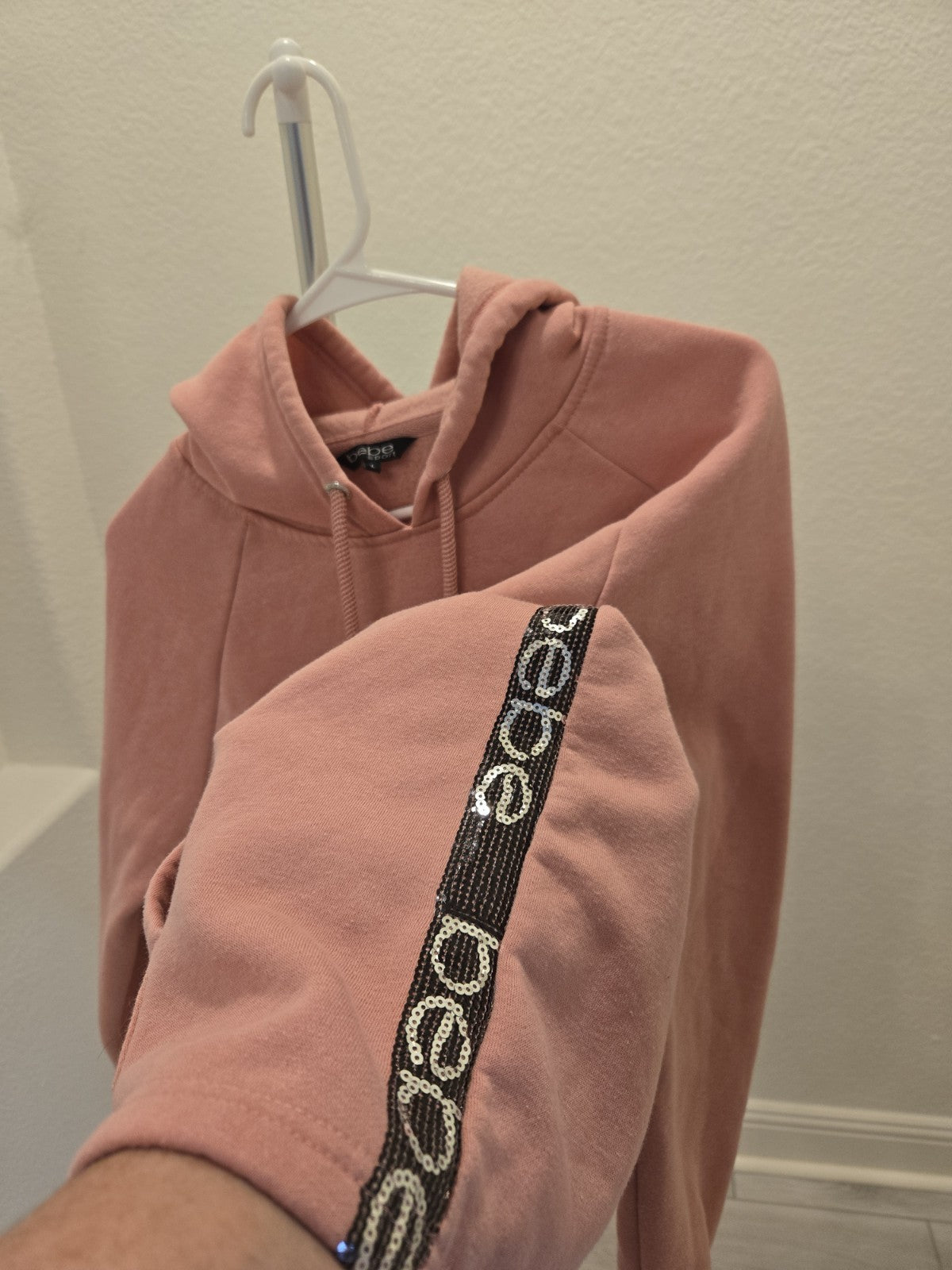Bebe Sport Womens L Sequin Pink Pullover Hoodie Sweatshirt Thumbholes Dusty Rose