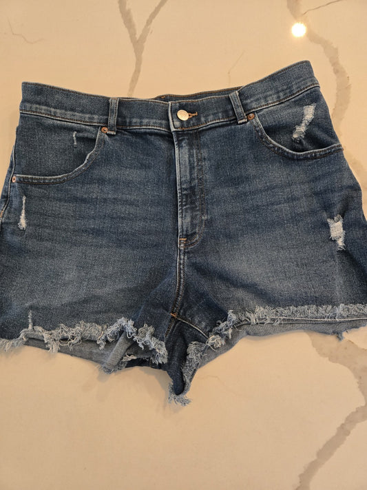 EXPRESS Size 12 Distressed Denim Shorts Womens Frayed Raw Hem Blue Jean