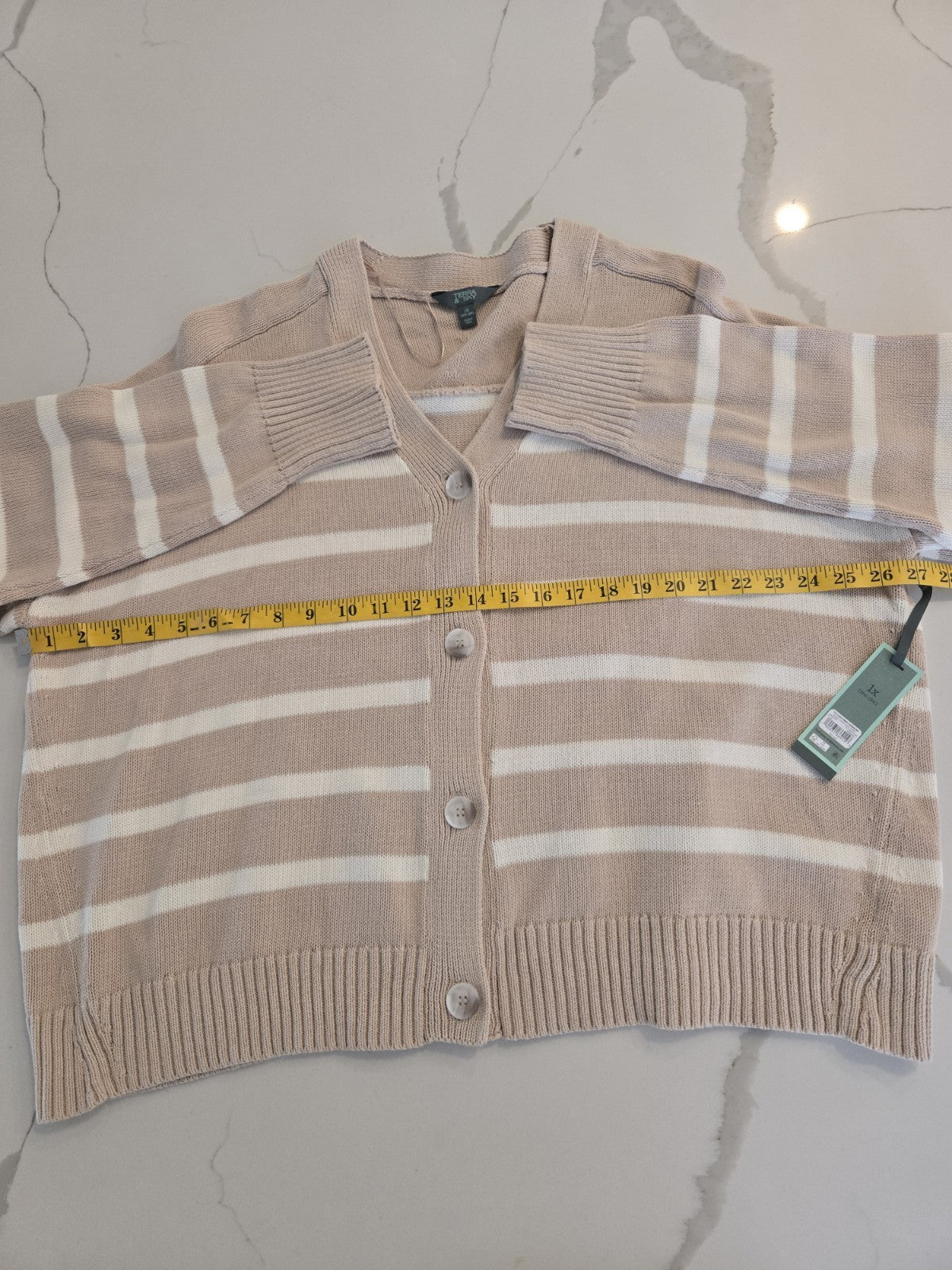 Terra & Sky Ivory Wide Stripe Terra & Sky Boyfriend Cardigan Plus Size 3x 16x18
