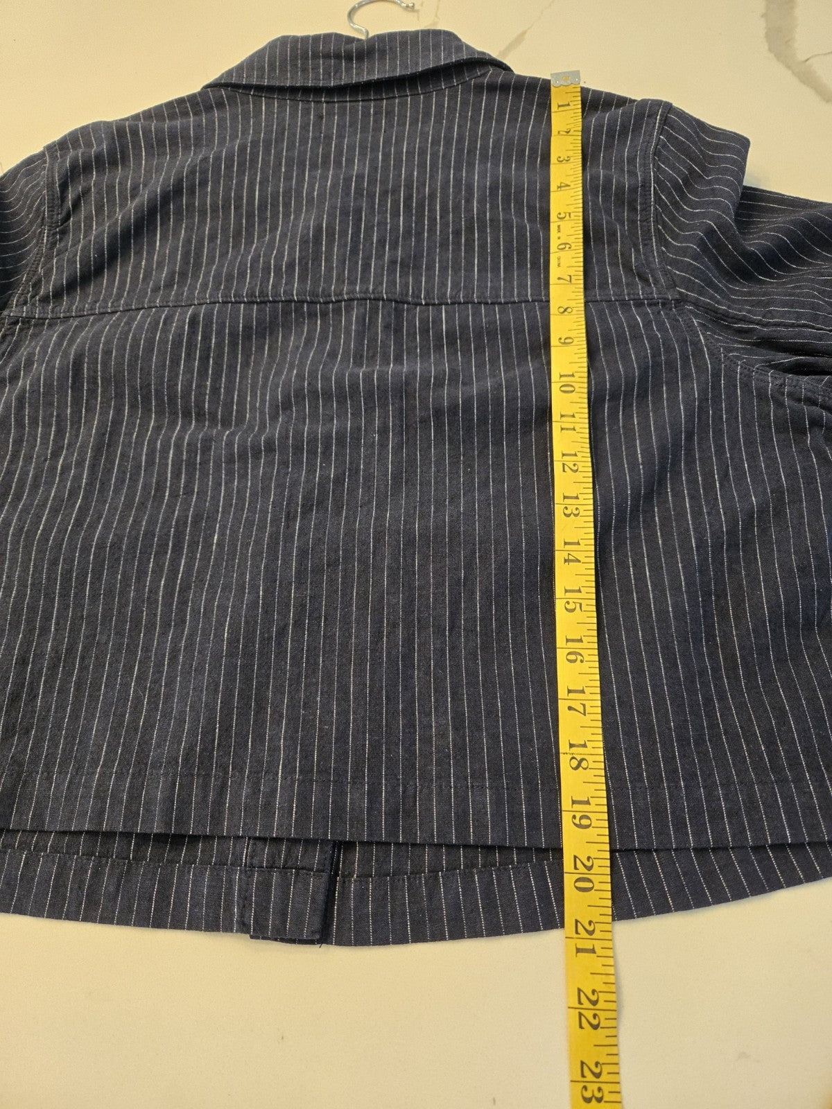 Lane Bryant Striped Linen 14 L Jacket Womens 14 Blue Cropped Shacket Pinstripe
