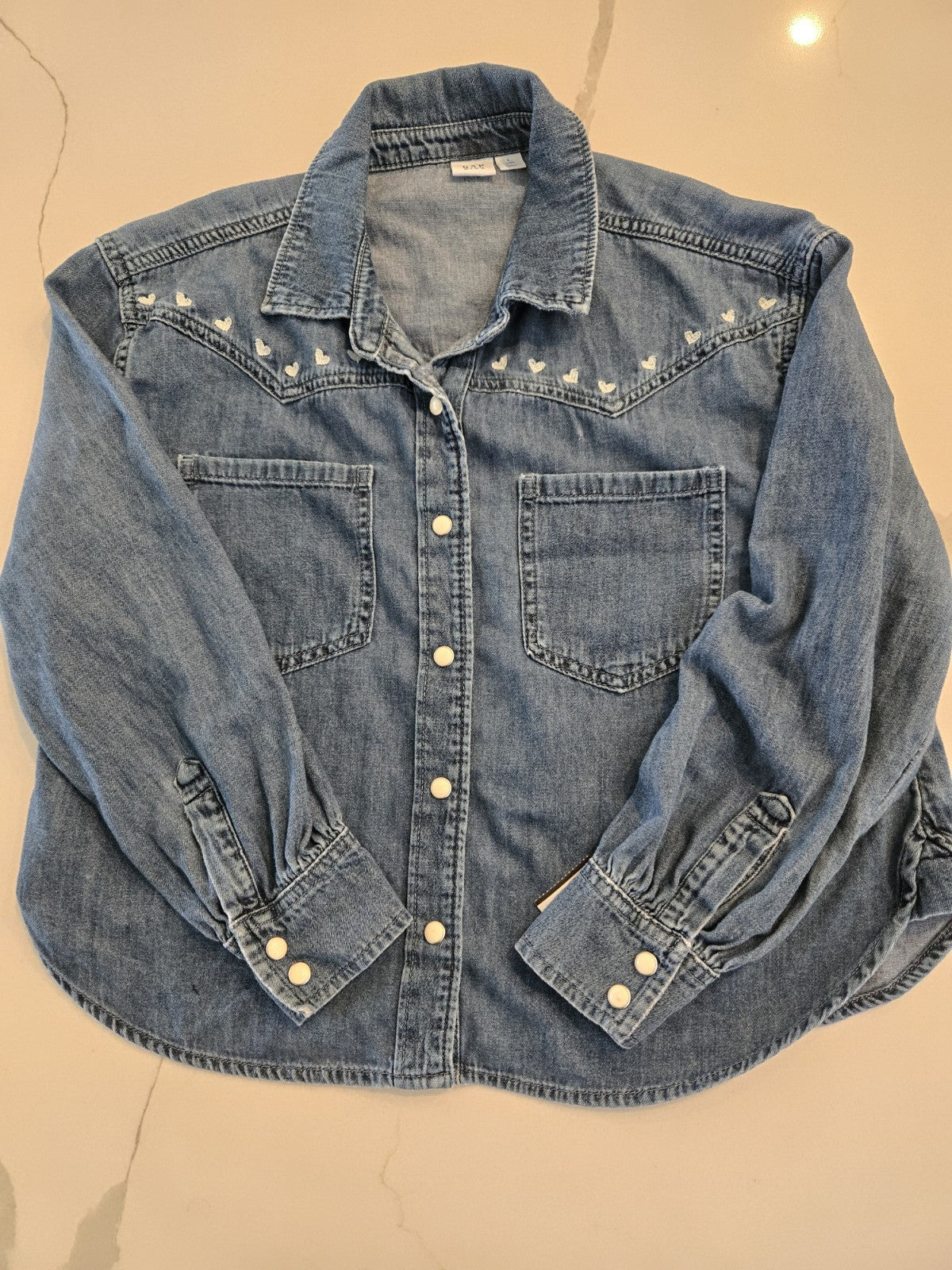 GAP Kids L 10 Embroidered Hearts Western Chambray Denim Shirt Kids Girls Snap