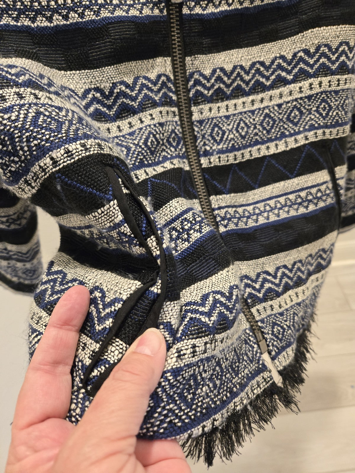 Loft Size 12 Blue White Geometric Woven Tweed Zip Jacket Fringe Trim Women's