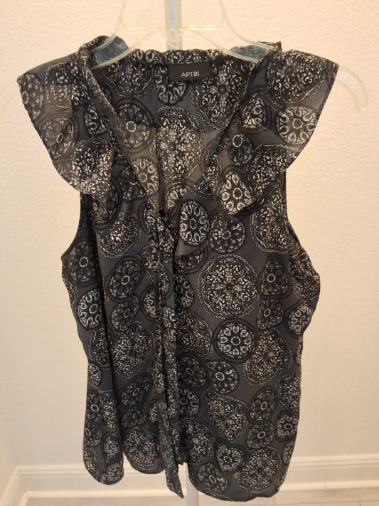 APT 9 Size L Geometric Ruffled V Neck Womens Charcoal Black Sleeveless Blouse