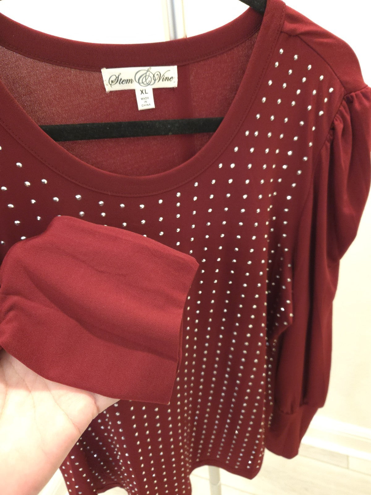 Stem & Vine Burgundy Rhinestone Top Puff Long Sleeve Blouse Holiday Womens XL