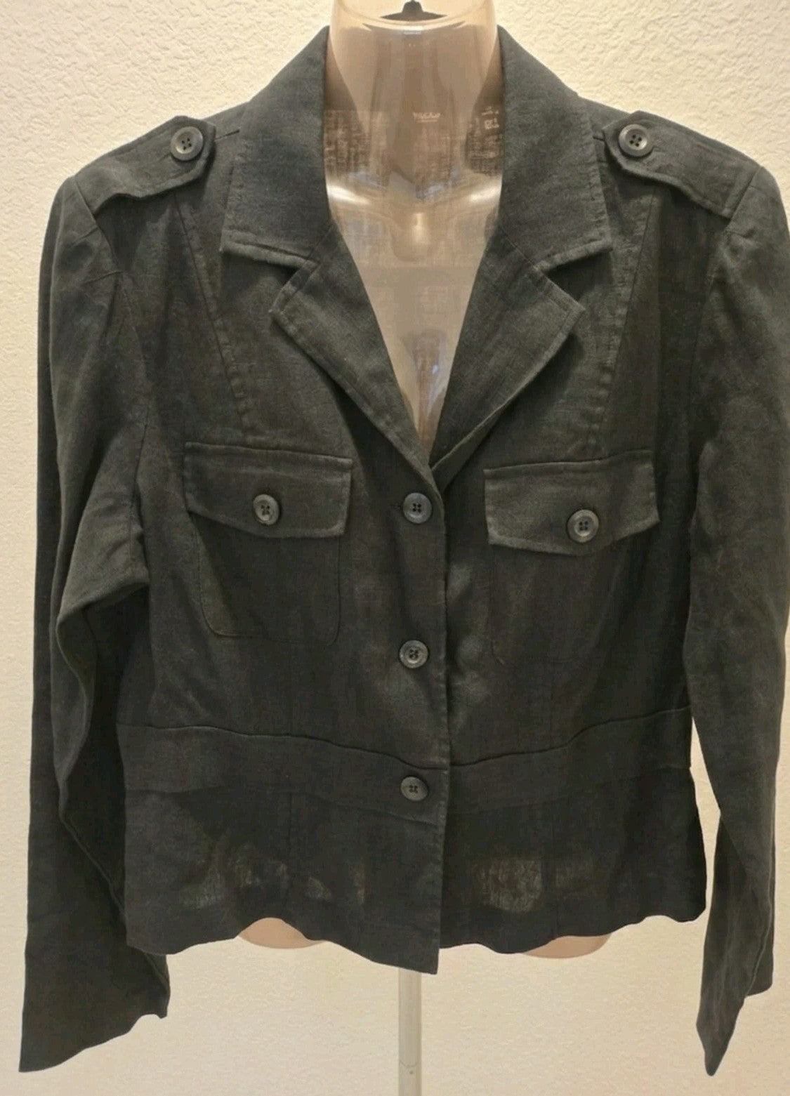 Mossimo Vintage Black Linen Military Y2K Safari Utility Blazer Jacket L Womens