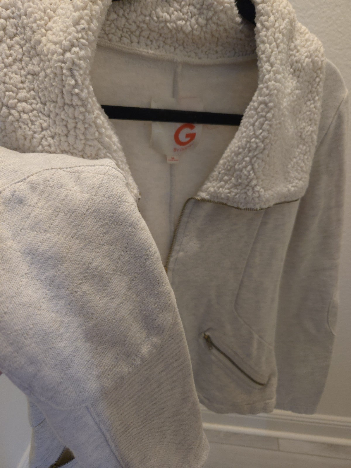 GUESS Women's M Gray Sherpa Shawl Collar Moto Biker Knit Jacket Cozy Soft