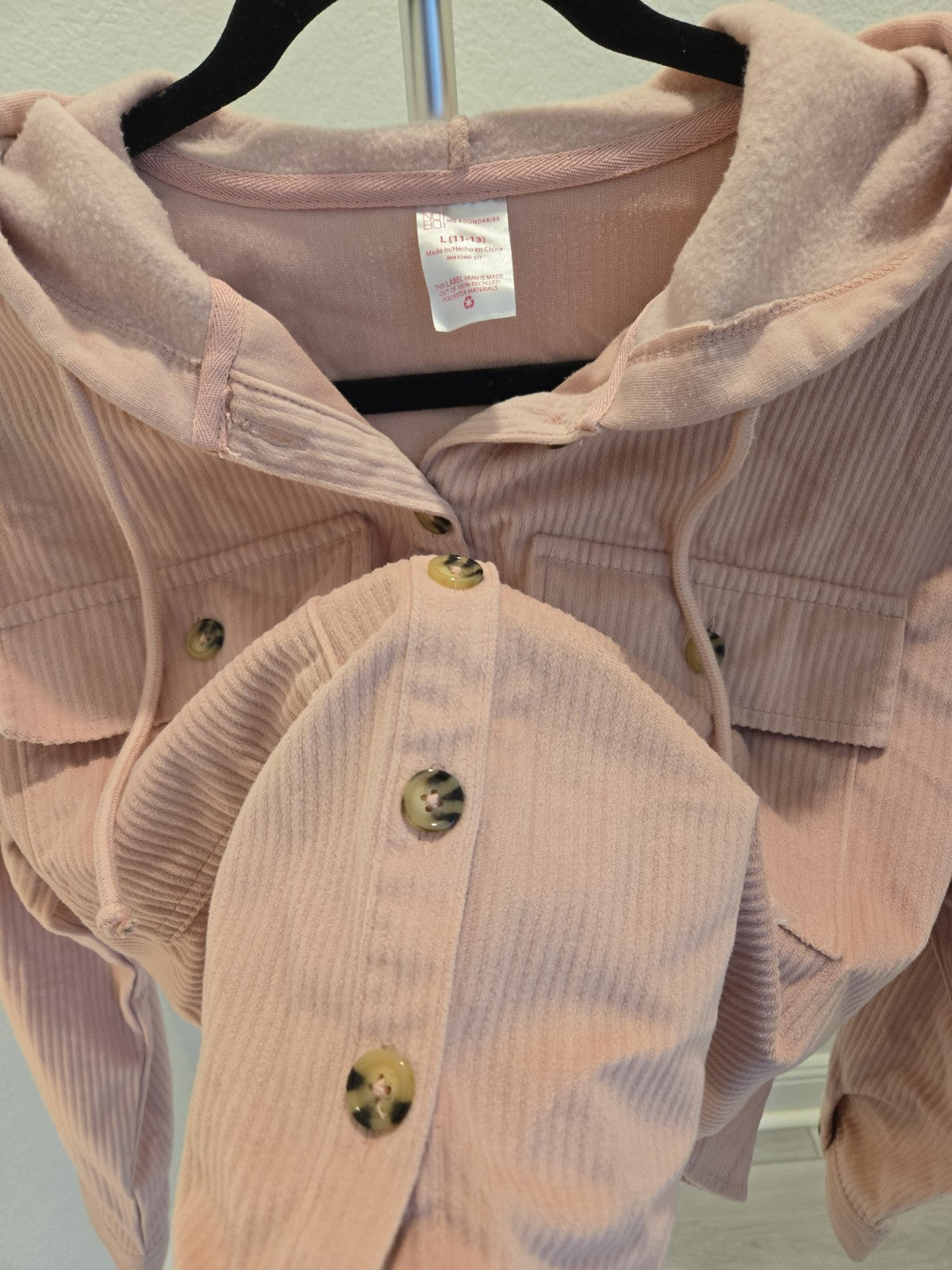 No Boundaries Women's Juniors L Pink Corduroy Hooded Cropped Jacket Y2K Shacket