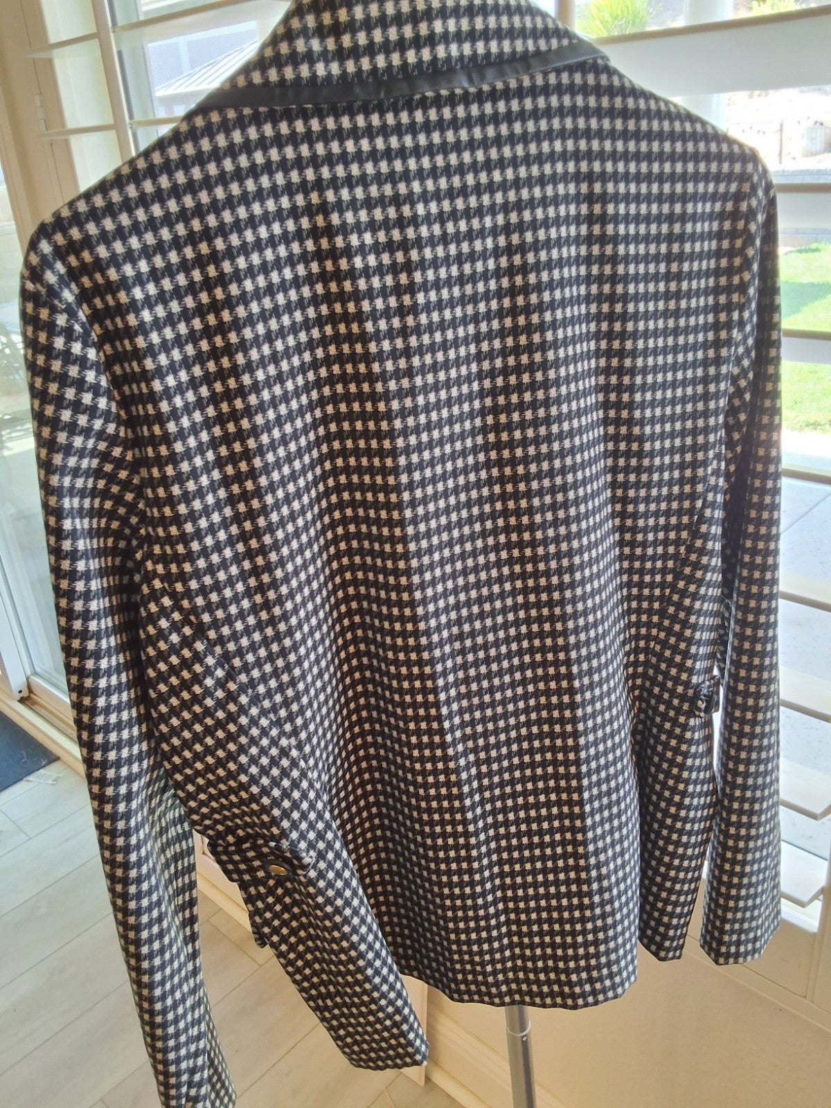 R&K Originals Houndstooth Blazer Jacket Faux Leather Trim Black White Womens 10