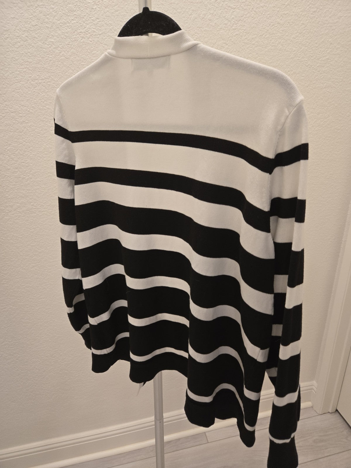 Verve Ami L Coastal Grandmother Cardigan Striped Open Front Quiet Luxury B/W