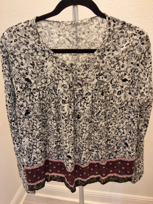 Chloe K Boho Floral Print Gathers Long Sleeve Tunic B/W Burgundy M Blouse Women