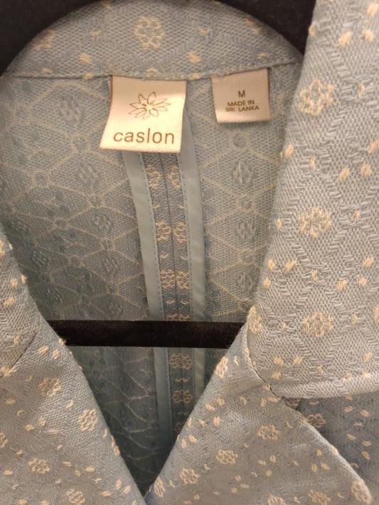 Caslon Blue White Floral Geometric Notch Lapel Faux Pockets Medium Blazer