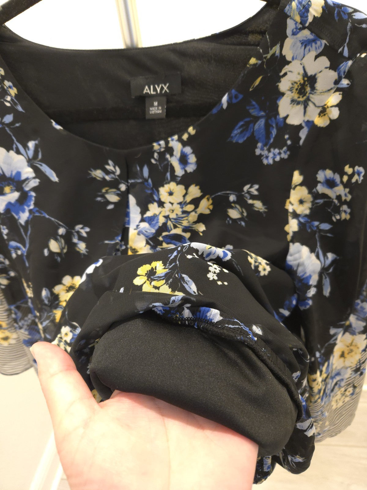 ALYX M Black Floral Print Sheer Blouse Striped 3/4 Sleeves Chiffon Boho Top