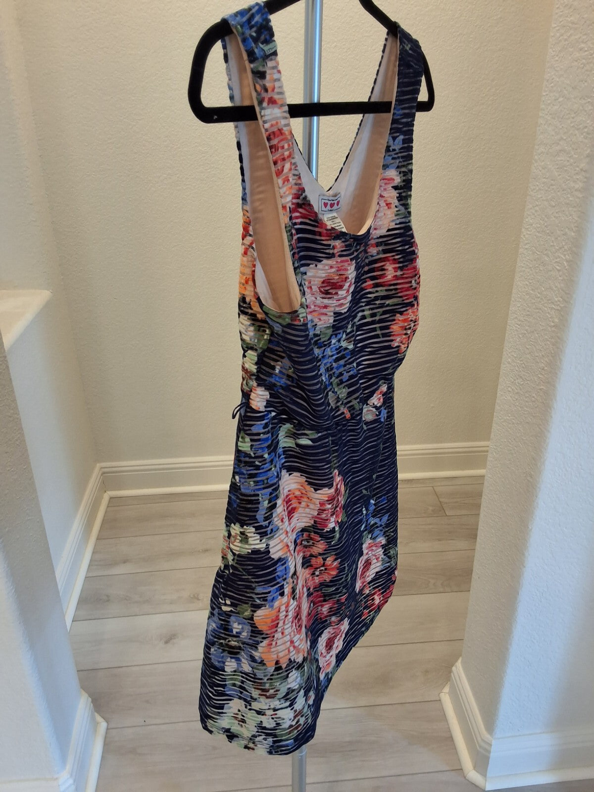 Three Pink Hearts Floral Skater Mini Dress Size L Blue Pink Striped Sleeveless