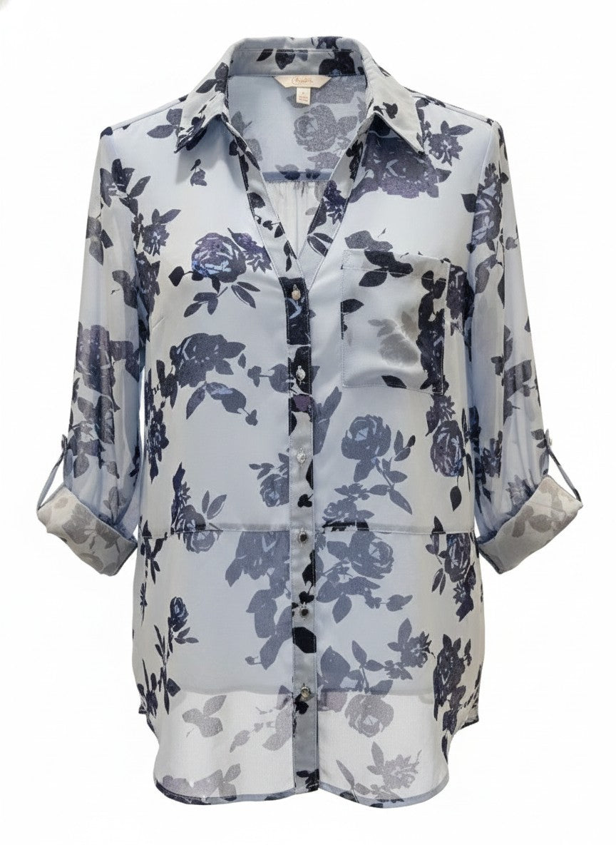 Candie's Y2K Blue Floral Sheer Button-Up Blouse Top M Roll Tab Sleeve Fairycore