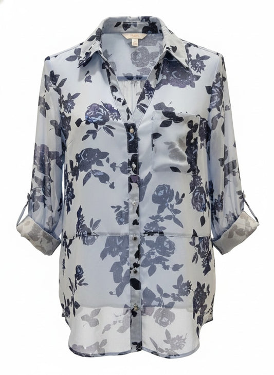Candie's Y2K Blue Floral Sheer Button-Up Blouse Top M Roll Tab Sleeve Fairycore