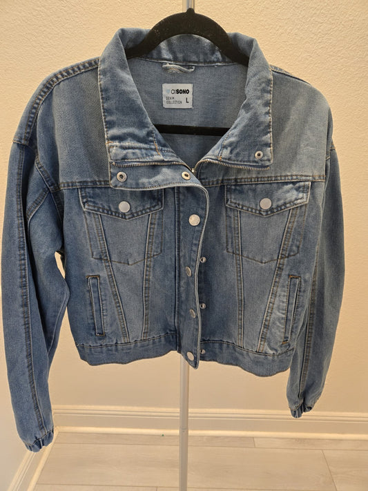 Ci Sono Denim Jacket L Womens Blue Cropped Asymmetric Zip Trucker