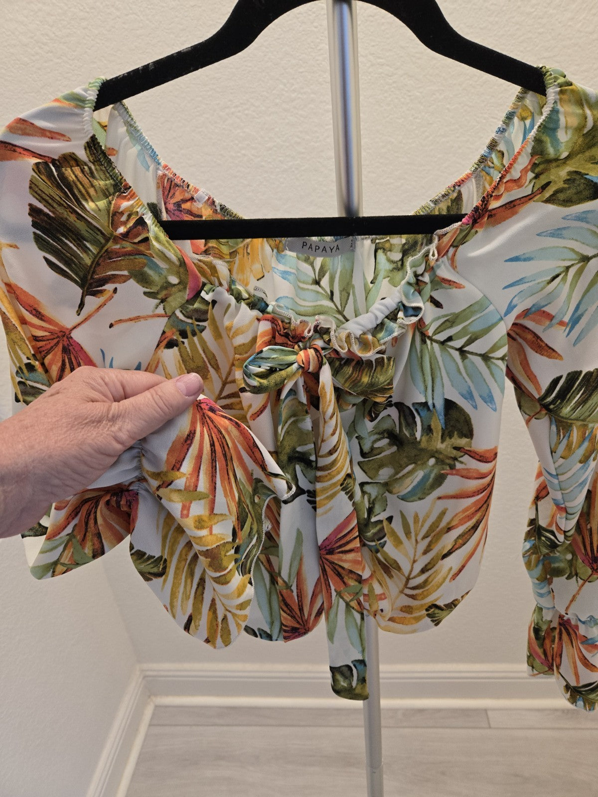 Papaya S Tropical Palm Leaf Blouse Womens Tie Front Cropped Top Beach