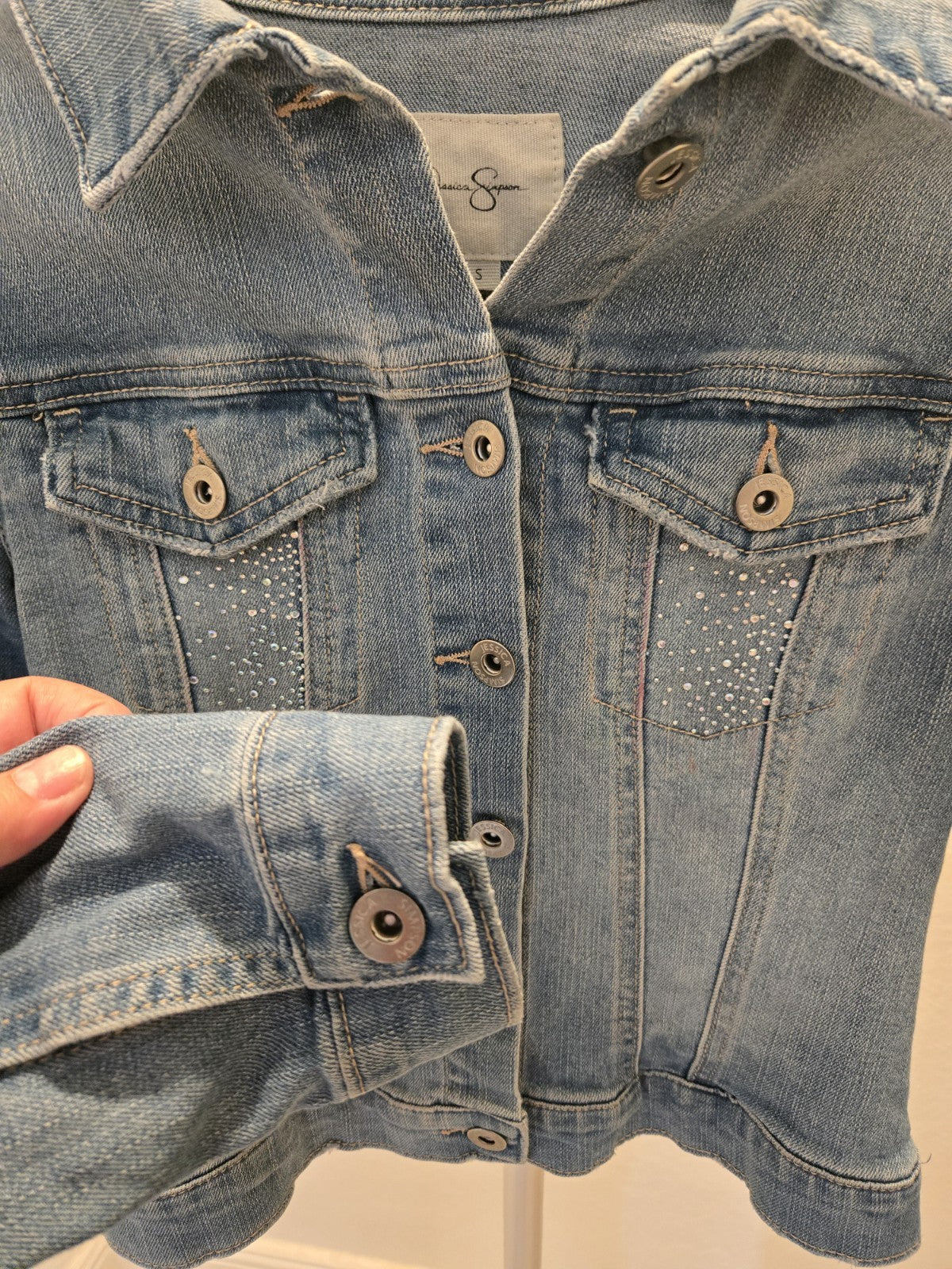Jessica Simpson S Rhinestone Denim Jacket Womens Bling Stretch Jean Y2K Style