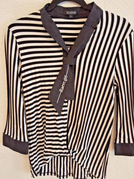 RUE21 Black White Stripe Top Bow Necktie Blouse Contrast Y2K 3/4 Sleeve L
