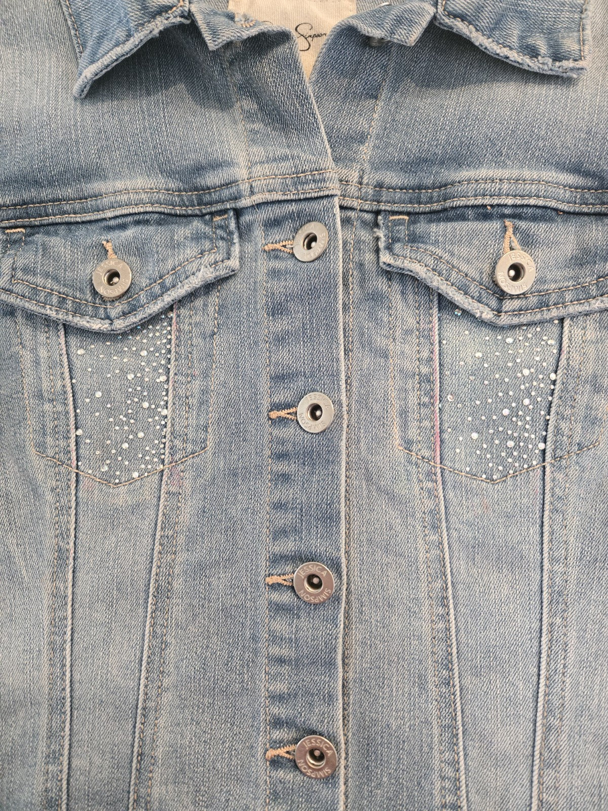 Jessica Simpson S Rhinestone Denim Jacket Womens Bling Stretch Jean Y2K Style